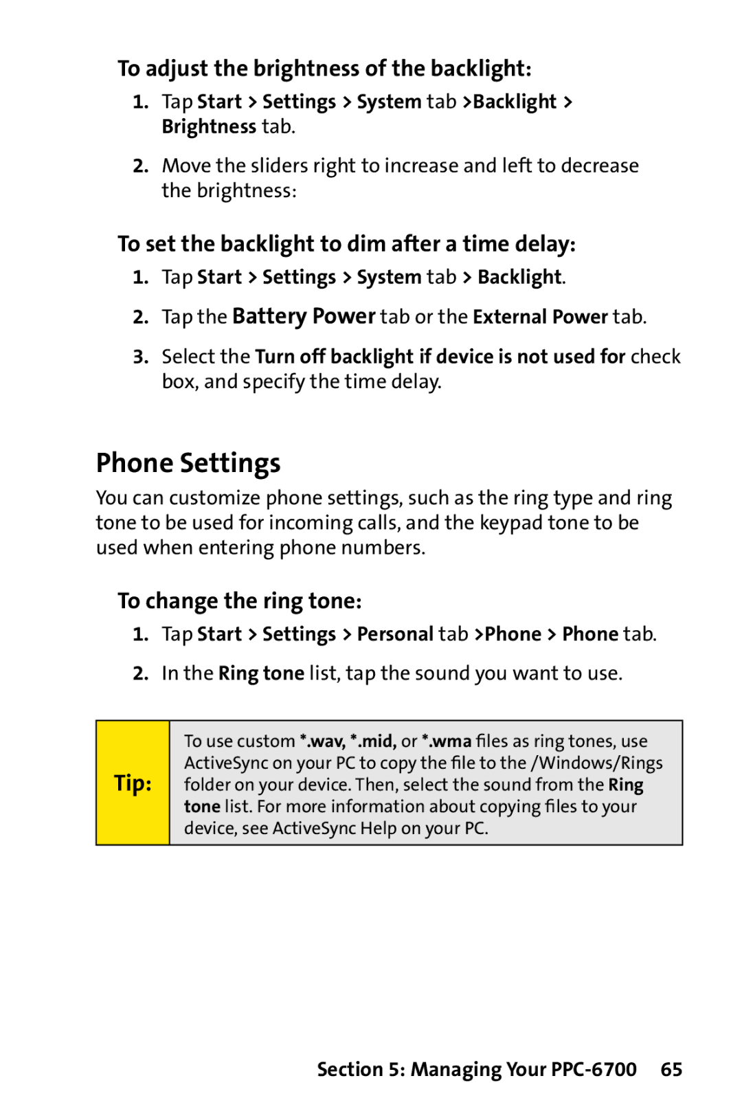 UTStarcom PPC-6700 manual Phone Settings, To adjust the brightness of the backlight, To change the ring tone 