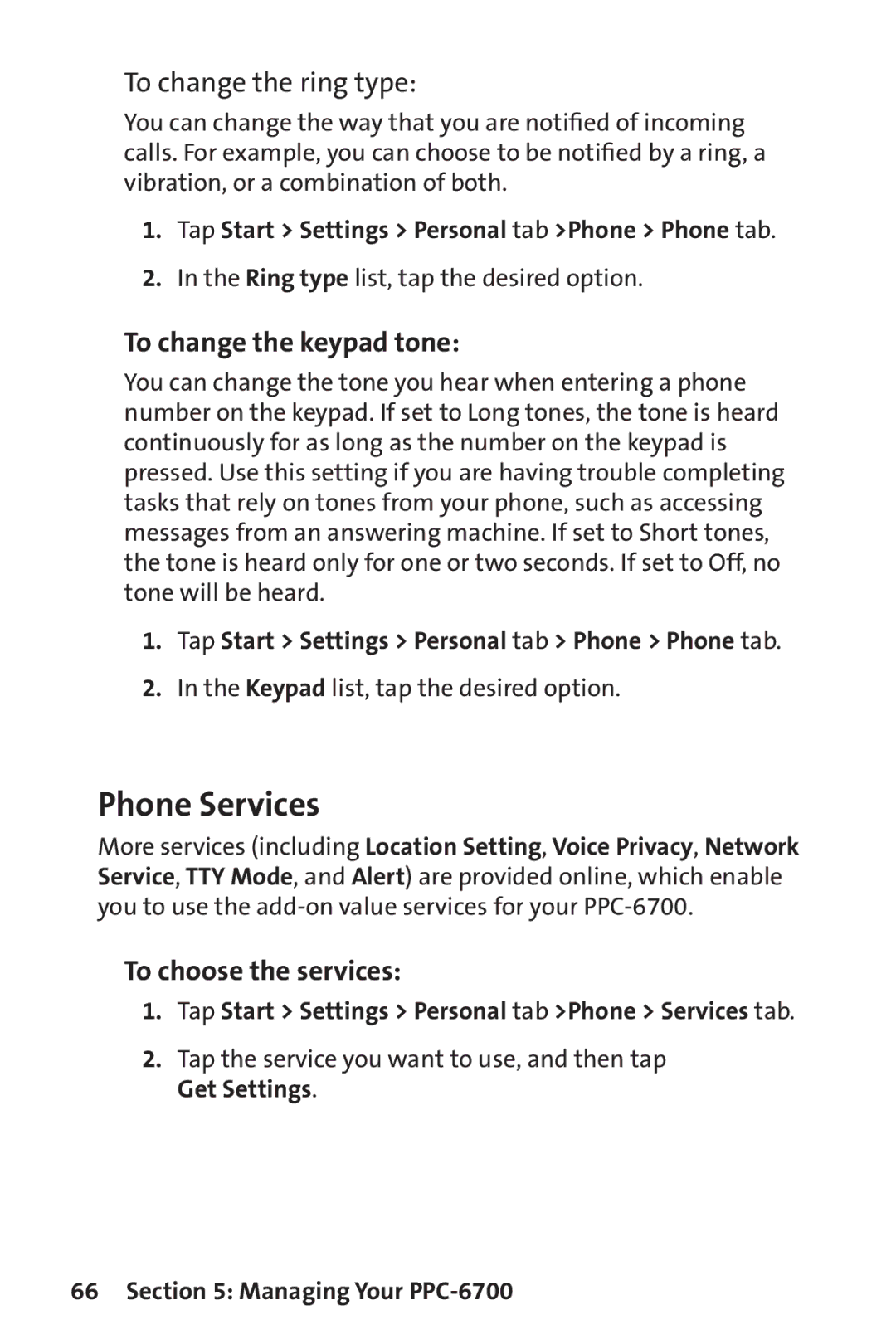 UTStarcom PPC-6700 manual Phone Services, To change the keypad tone, To choose the services 