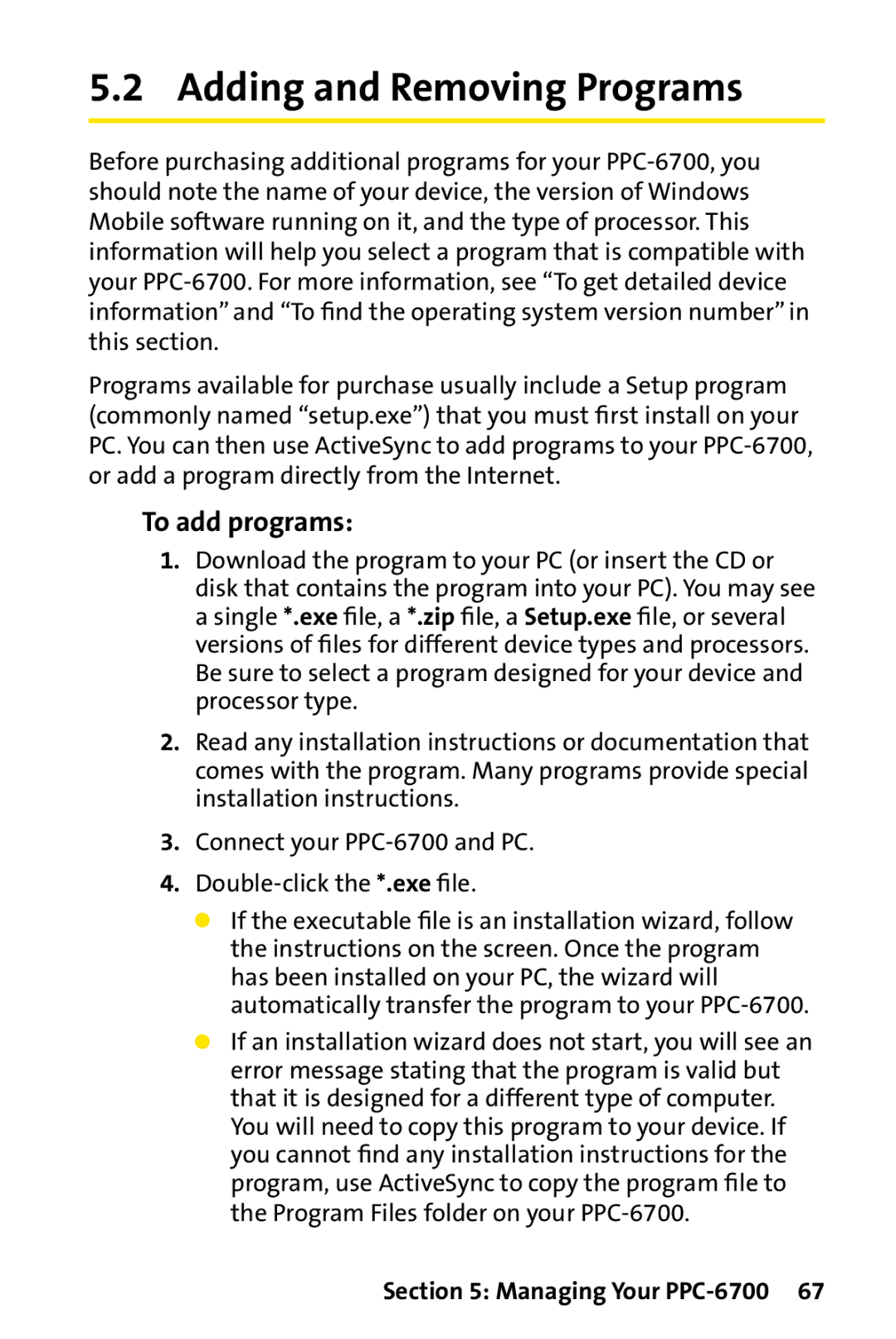 UTStarcom PPC-6700 manual Adding and Removing Programs, To add programs 