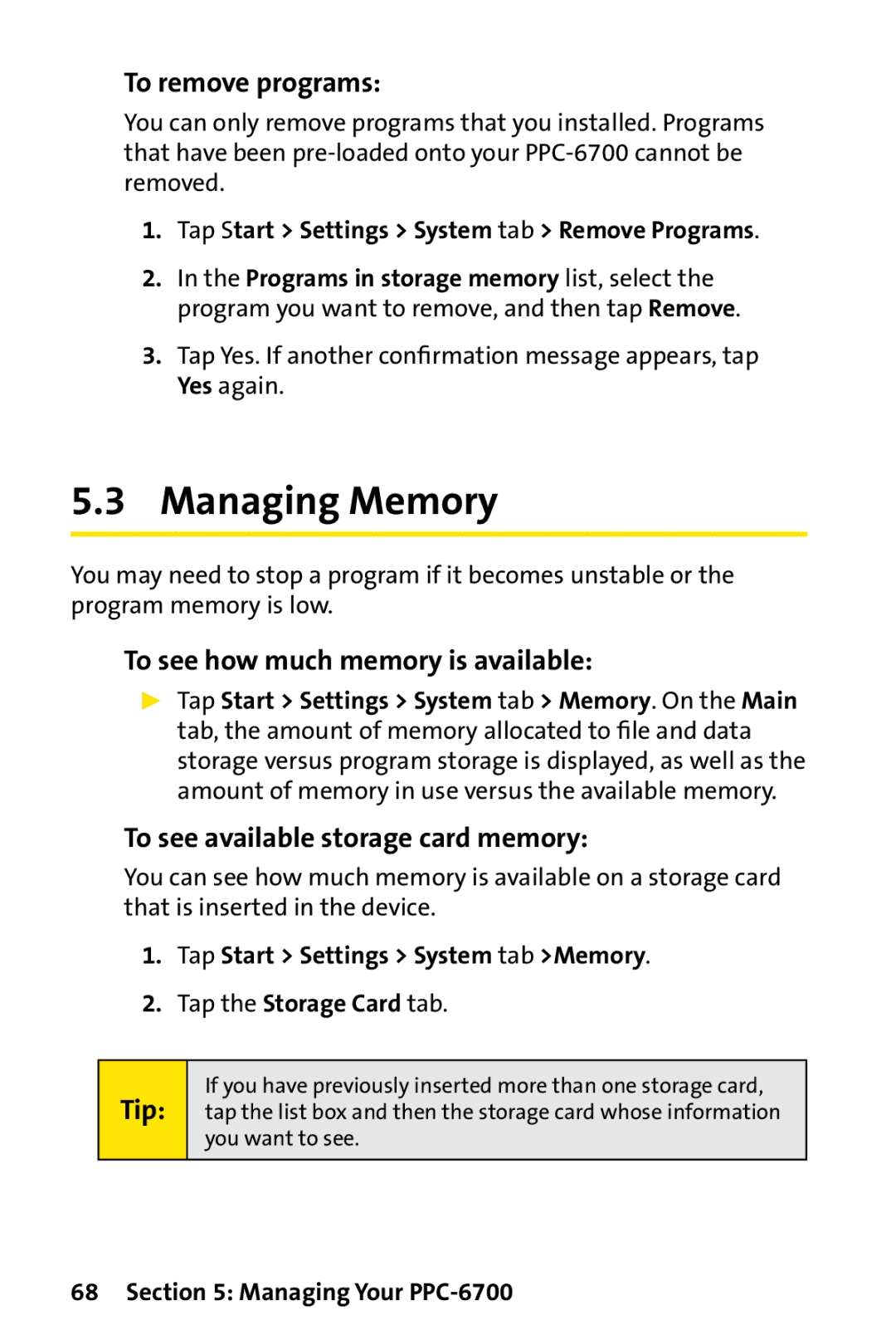 UTStarcom PPC-6700 manual Managing Memory, To remove programs, To see how much memory is available 