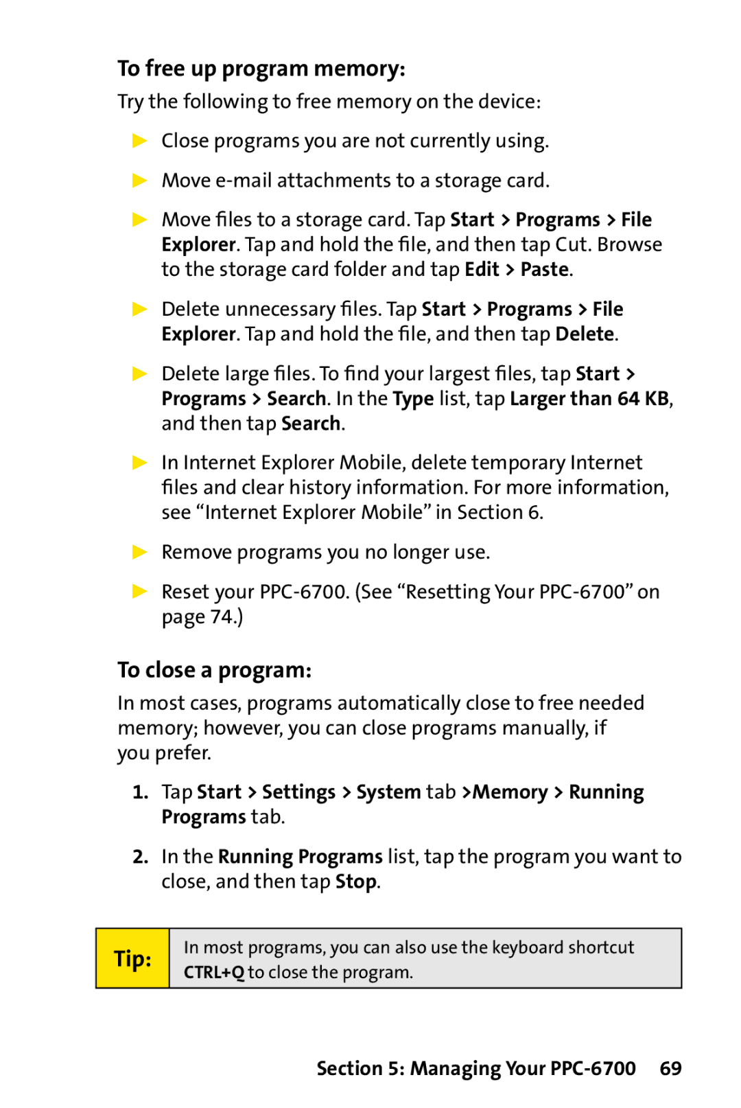 UTStarcom PPC-6700 manual To free up program memory, To close a program 