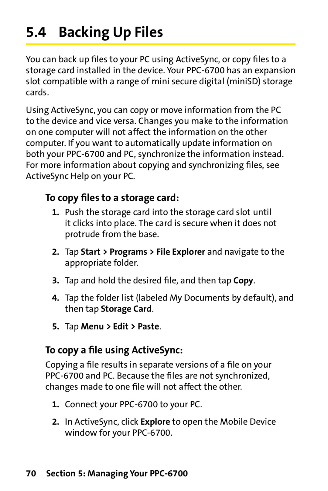 UTStarcom PPC-6700 Backing Up Files, To copy ﬁles to a storage card, To copy a ﬁle using ActiveSync, Tap Menu Edit Paste 