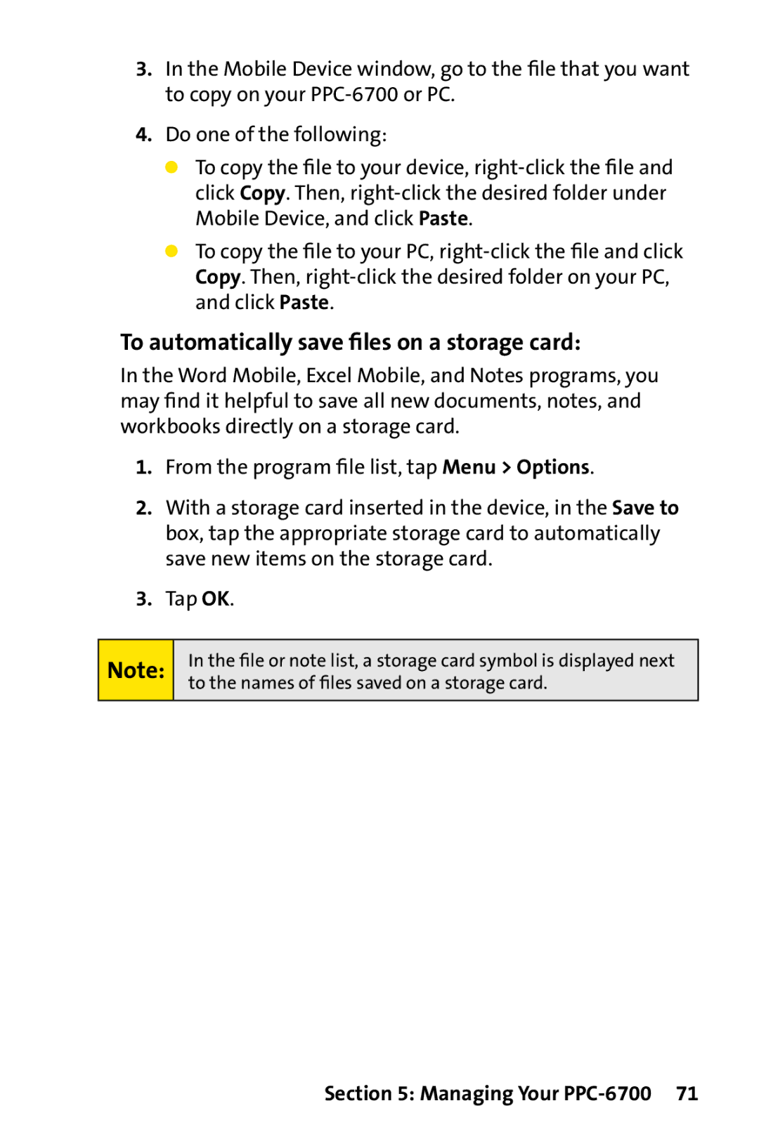 UTStarcom PPC-6700 manual To automatically save ﬁles on a storage card 