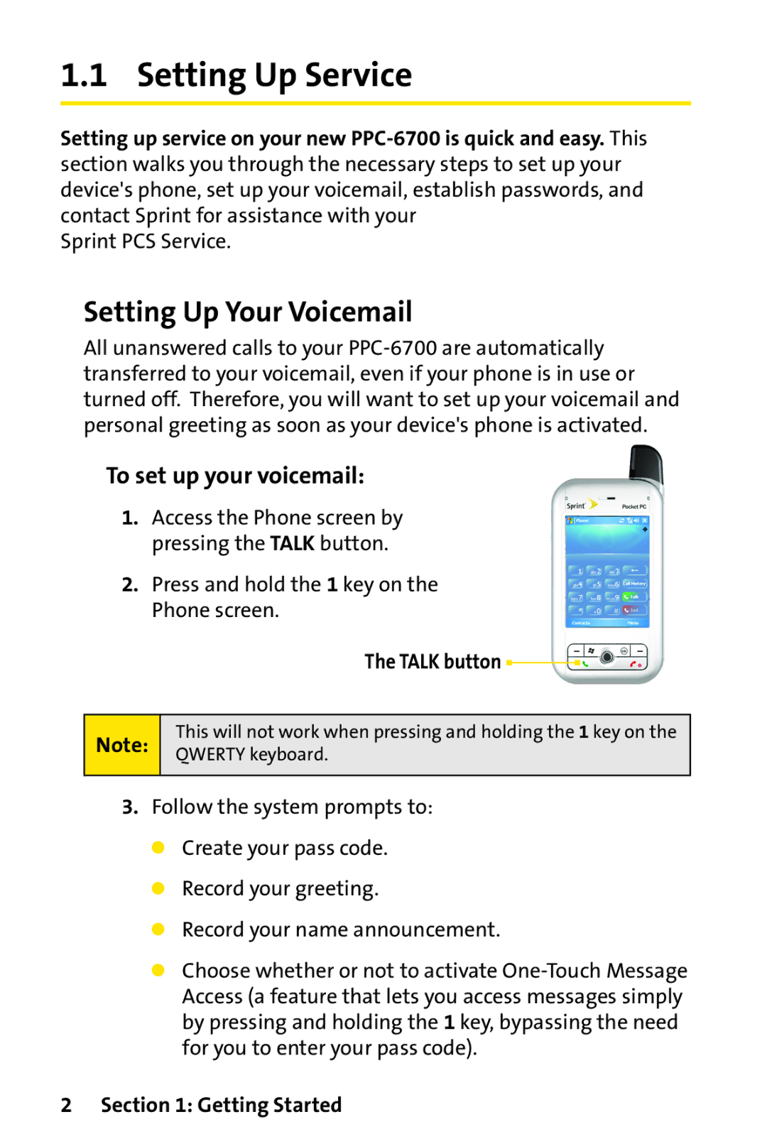 UTStarcom PPC-6700 Setting Up Service, Setting Up Your Voicemail, To set up your voicemail, Talk button, Getting Started 