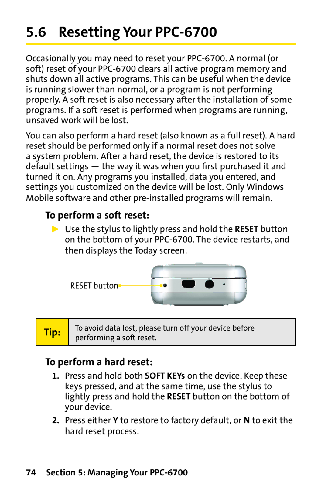 UTStarcom manual Resetting Your PPC-6700, To perform a soft reset, To perform a hard reset 