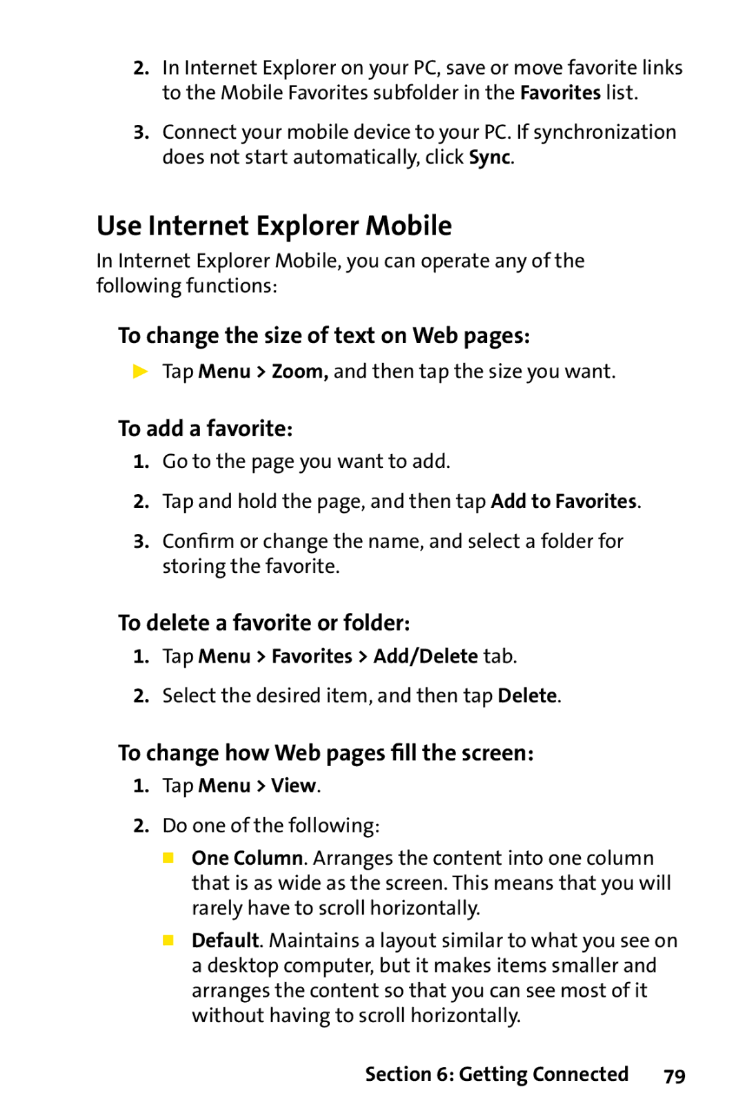 UTStarcom PPC-6700 manual Use Internet Explorer Mobile, To change the size of text on Web pages, To add a favorite 