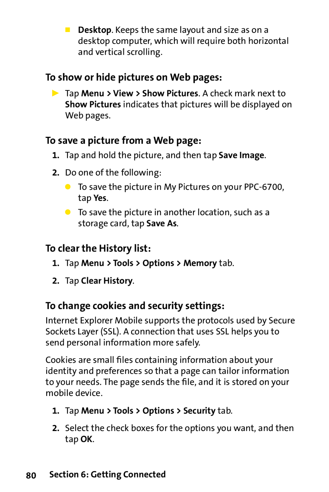 UTStarcom PPC-6700 manual To show or hide pictures on Web pages, To save a picture from a Web, To clear the History list 