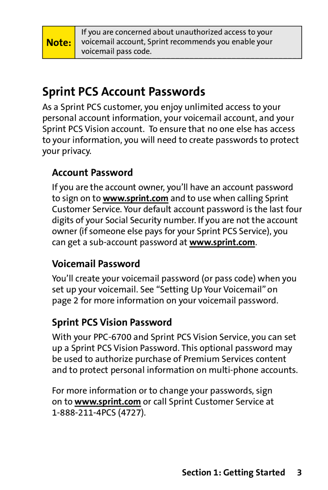 UTStarcom PPC-6700 manual Sprint PCS Account Passwords, Account Password Voicemail Password, Sprint PCS Vision Password 