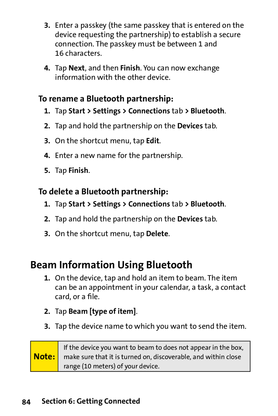 UTStarcom PPC-6700 Beam Information Using Bluetooth, To rename a Bluetooth partnership, To delete a Bluetooth partnership 