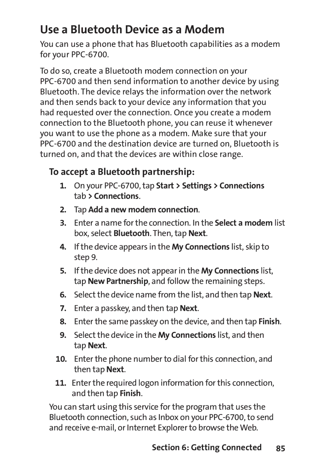 UTStarcom PPC-6700 manual Use a Bluetooth Device as a Modem, Tap Add a new modem connection 