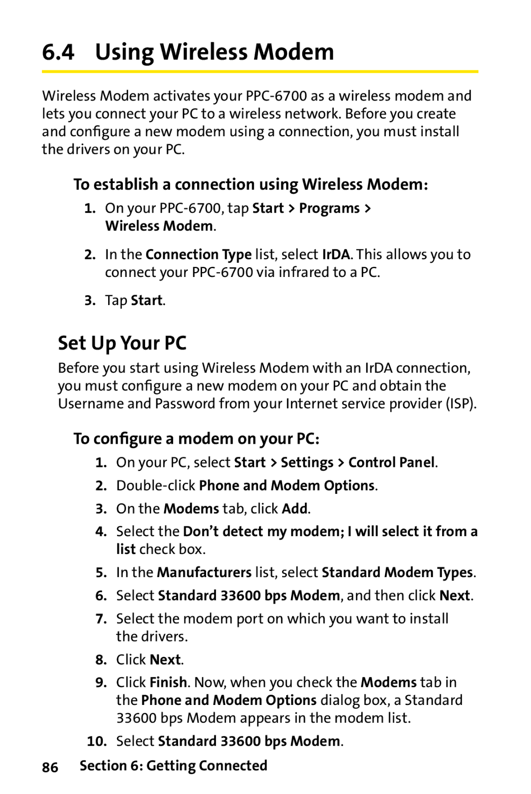 UTStarcom PPC-6700 manual Using Wireless Modem, Set Up Your PC, To establish a connection using Wireless Modem 