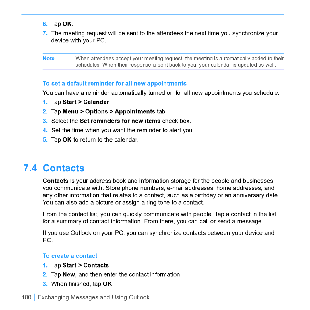 UTStarcom PPC 6700 manual Contacts, To set a default reminder for all new appointments, To create a contact 