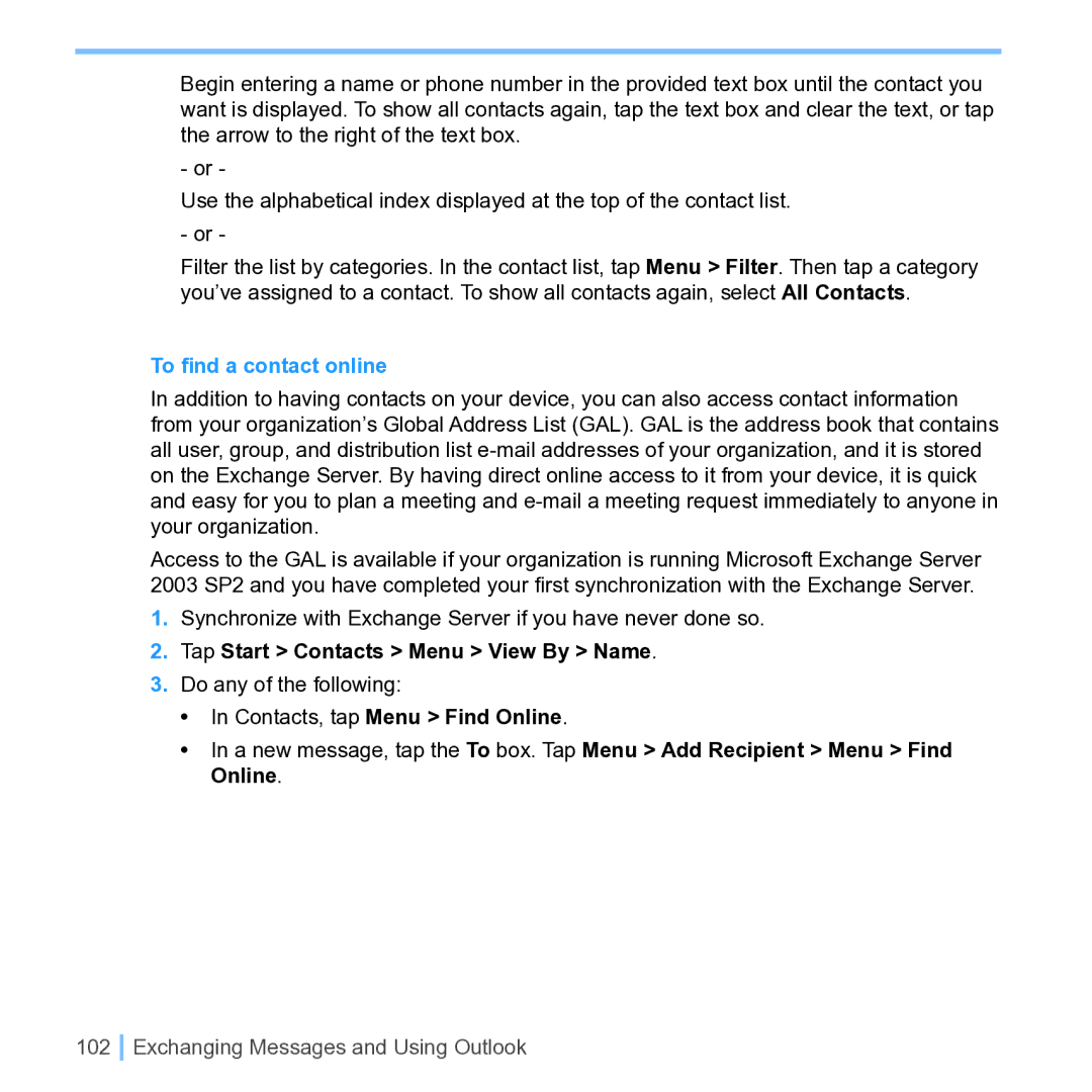 UTStarcom PPC 6700 manual To ﬁnd a contact online, Tap Start Contacts Menu View By Name 