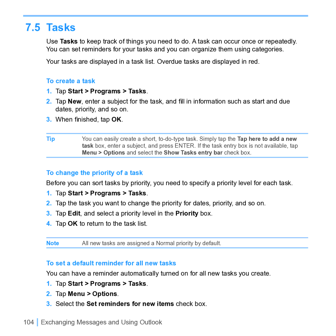 UTStarcom PPC 6700 manual To create a task, Tap Start Programs Tasks, To change the priority of a task 