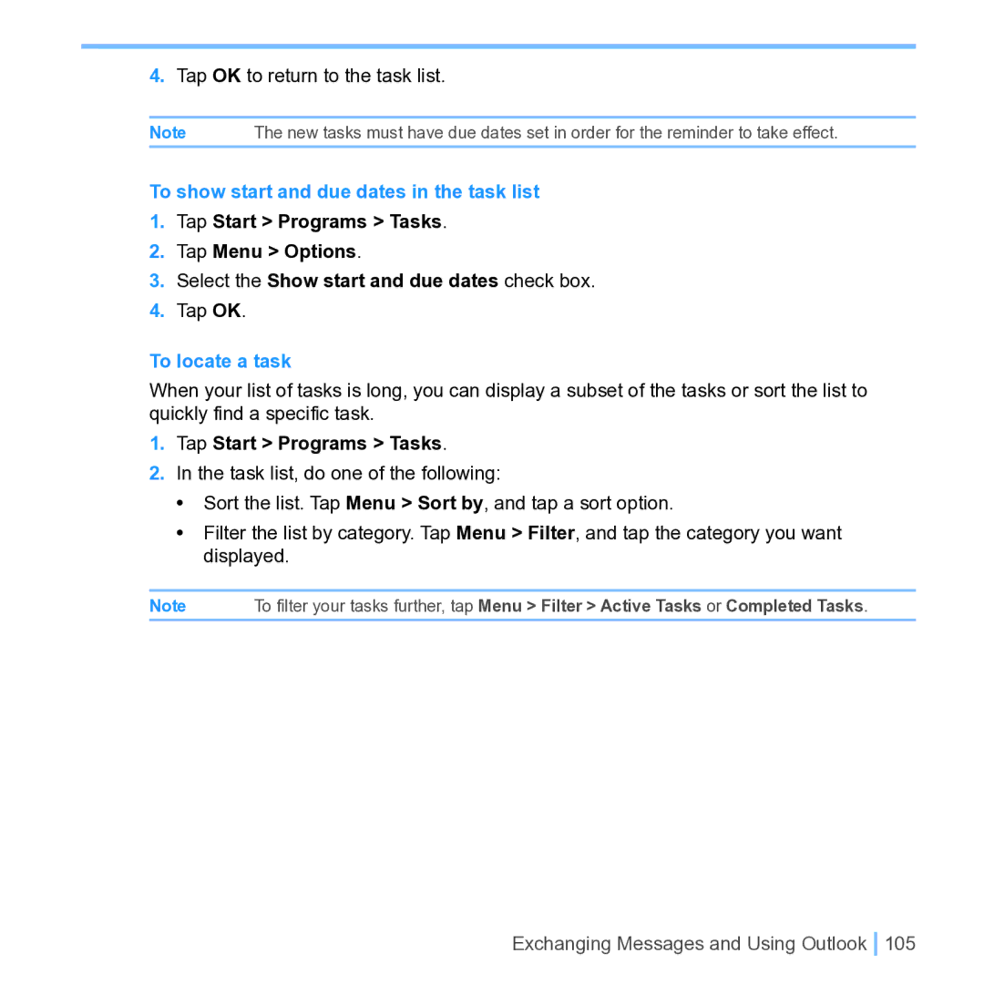 UTStarcom PPC 6700 manual To show start and due dates in the task list, To locate a task 