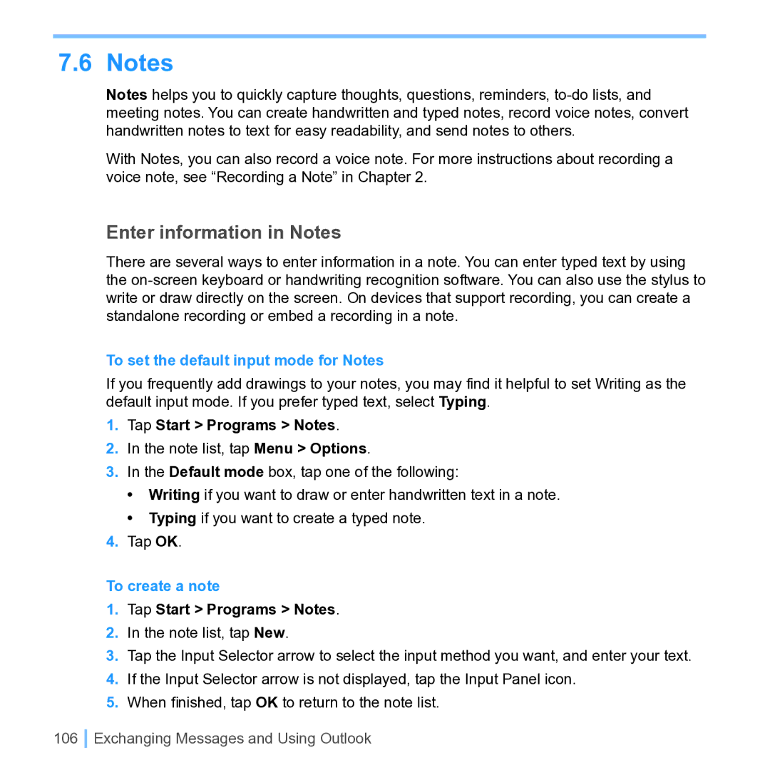 UTStarcom PPC 6700 manual Enter information in Notes, To set the default input mode for Notes, To create a note 