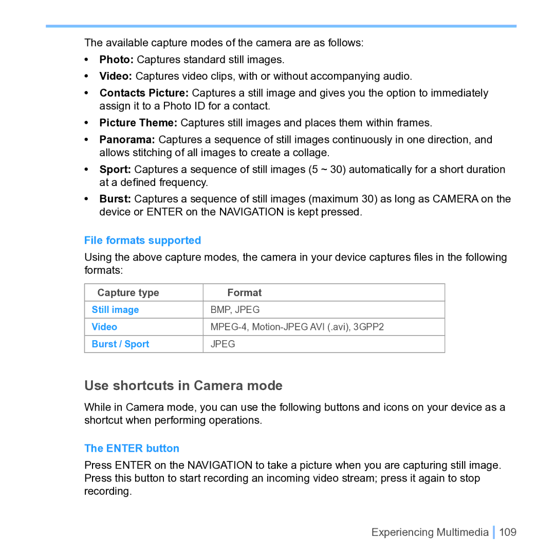 UTStarcom PPC 6700 manual Use shortcuts in Camera mode, File formats supported, Enter button 