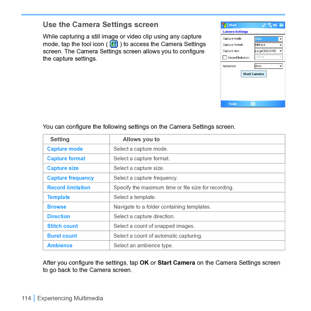 UTStarcom PPC 6700 manual Use the Camera Settings screen, Setting Allows you to 