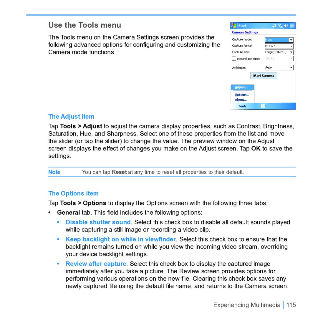 UTStarcom PPC 6700 manual Use the Tools menu, Adjust item, Options item 