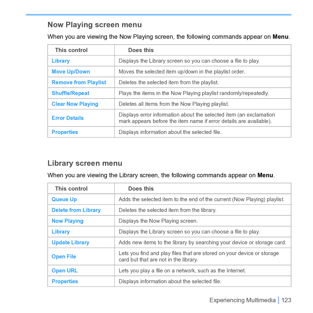 UTStarcom PPC 6700 manual Now Playing screen menu, Library screen menu 