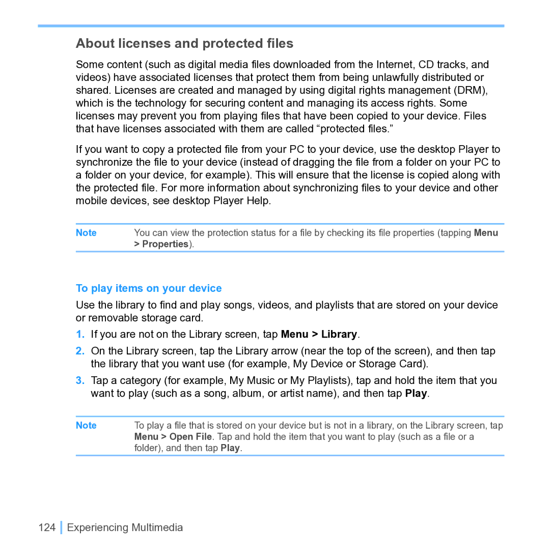 UTStarcom PPC 6700 manual About licenses and protected files, To play items on your device 