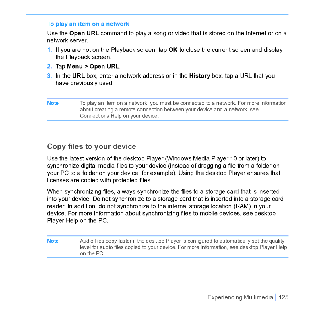 UTStarcom PPC 6700 manual Copy files to your device, To play an item on a network, Tap Menu Open URL 