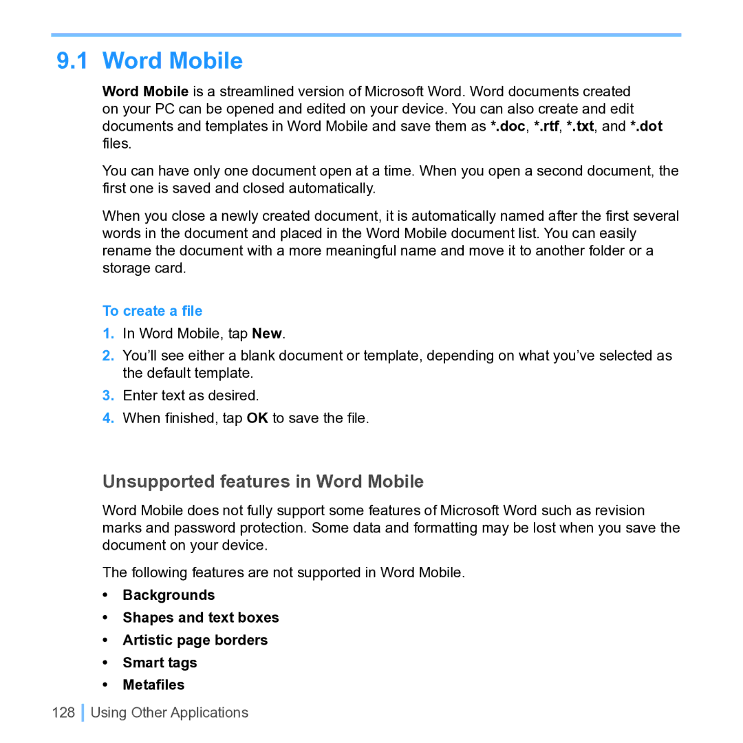 UTStarcom PPC 6700 manual Unsupported features in Word Mobile, To create a ﬁle 