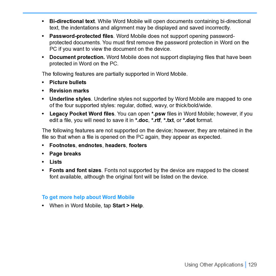 UTStarcom PPC 6700 manual Picture bullets Revision marks, Footnotes, endnotes, headers, footers Breaks Lists 