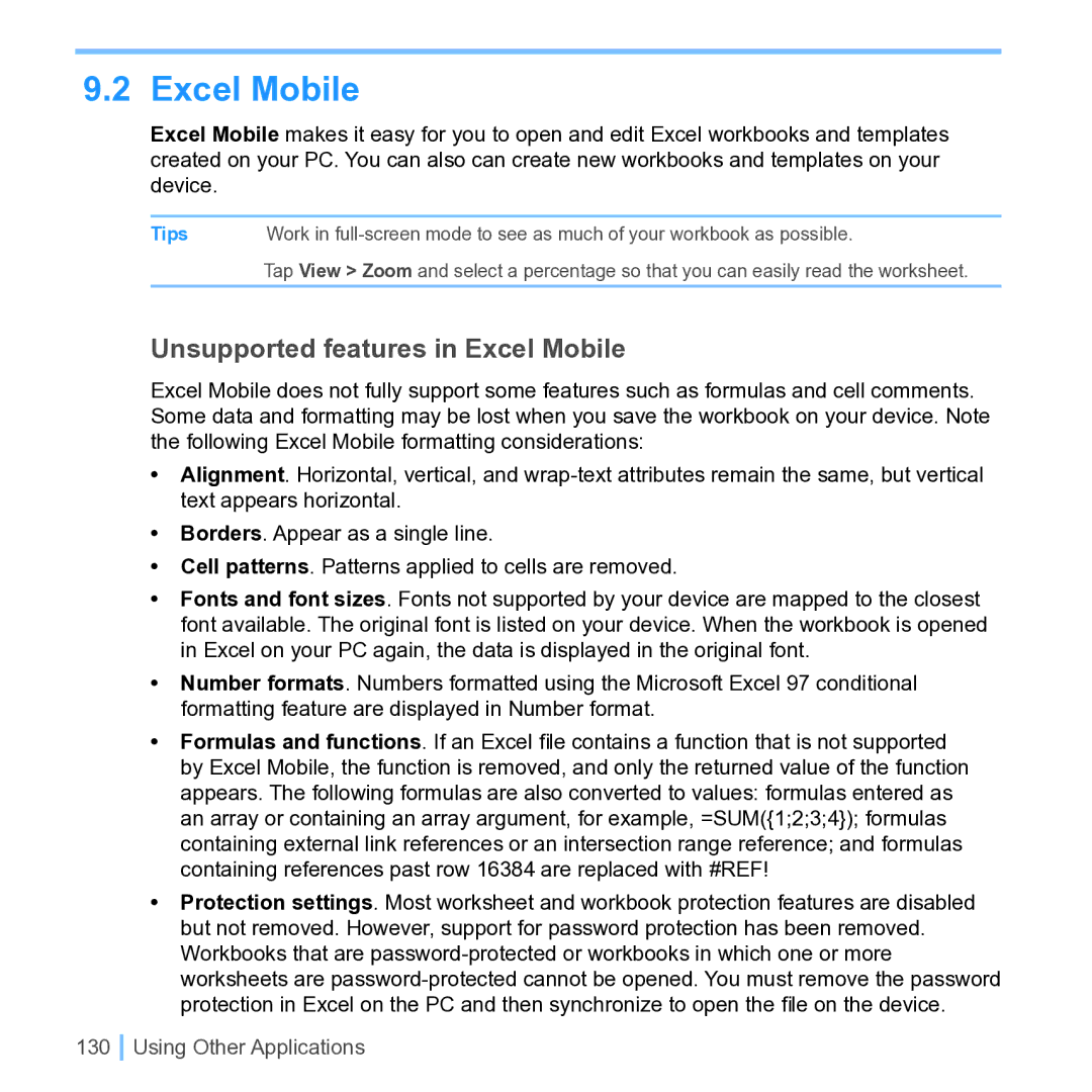 UTStarcom PPC 6700 manual Unsupported features in Excel Mobile 