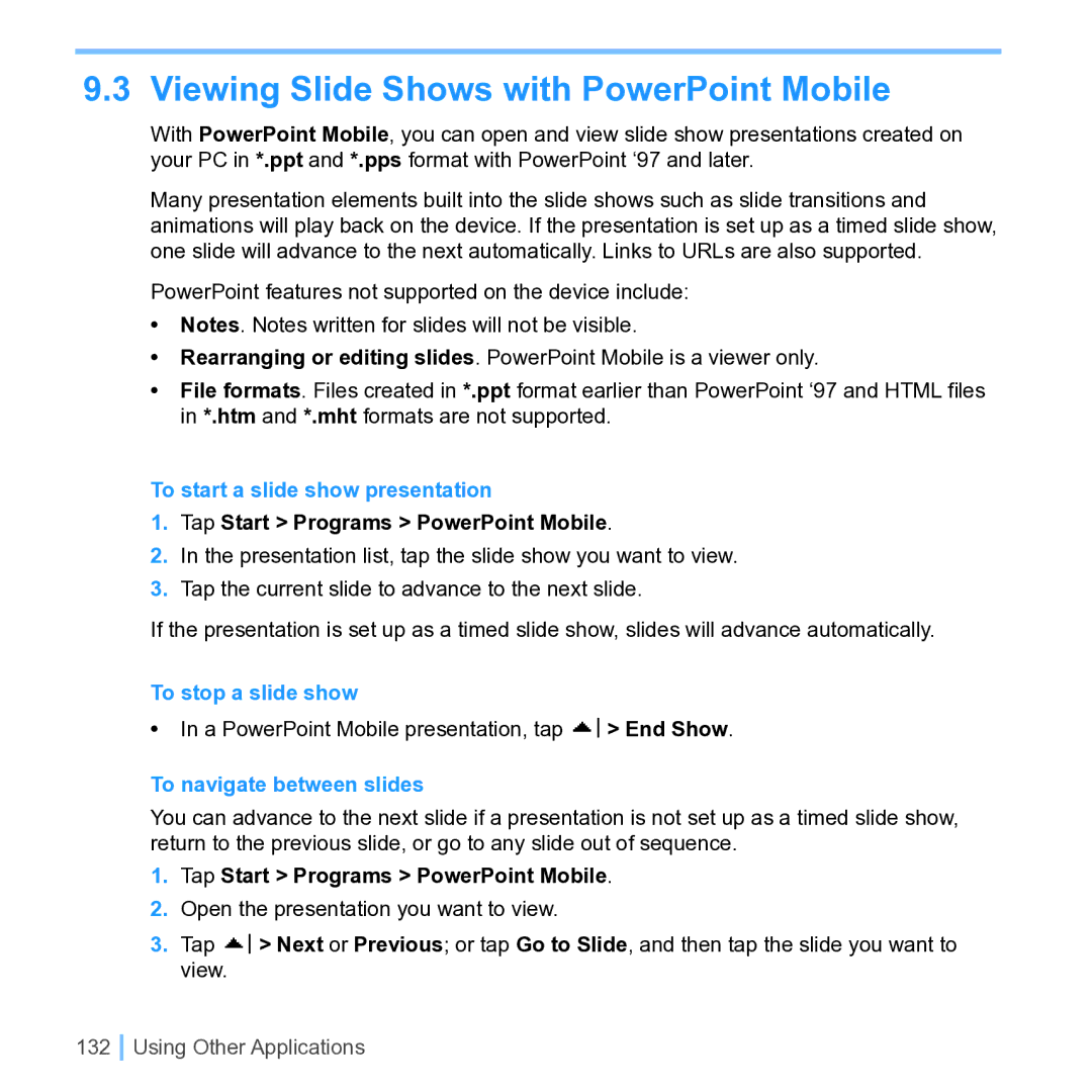 UTStarcom PPC 6700 Viewing Slide Shows with PowerPoint Mobile, To start a slide show presentation, To stop a slide show 