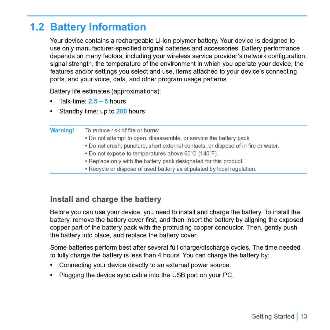 UTStarcom PPC 6700 manual Battery Information, Install and charge the battery 