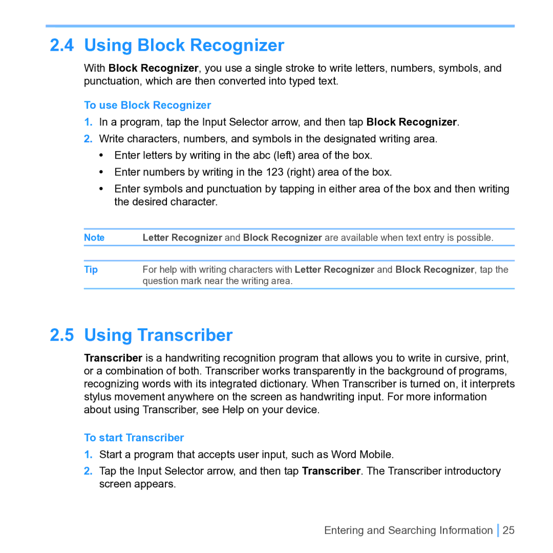 UTStarcom PPC 6700 manual Using Block Recognizer, Using Transcriber, To use Block Recognizer, To start Transcriber 