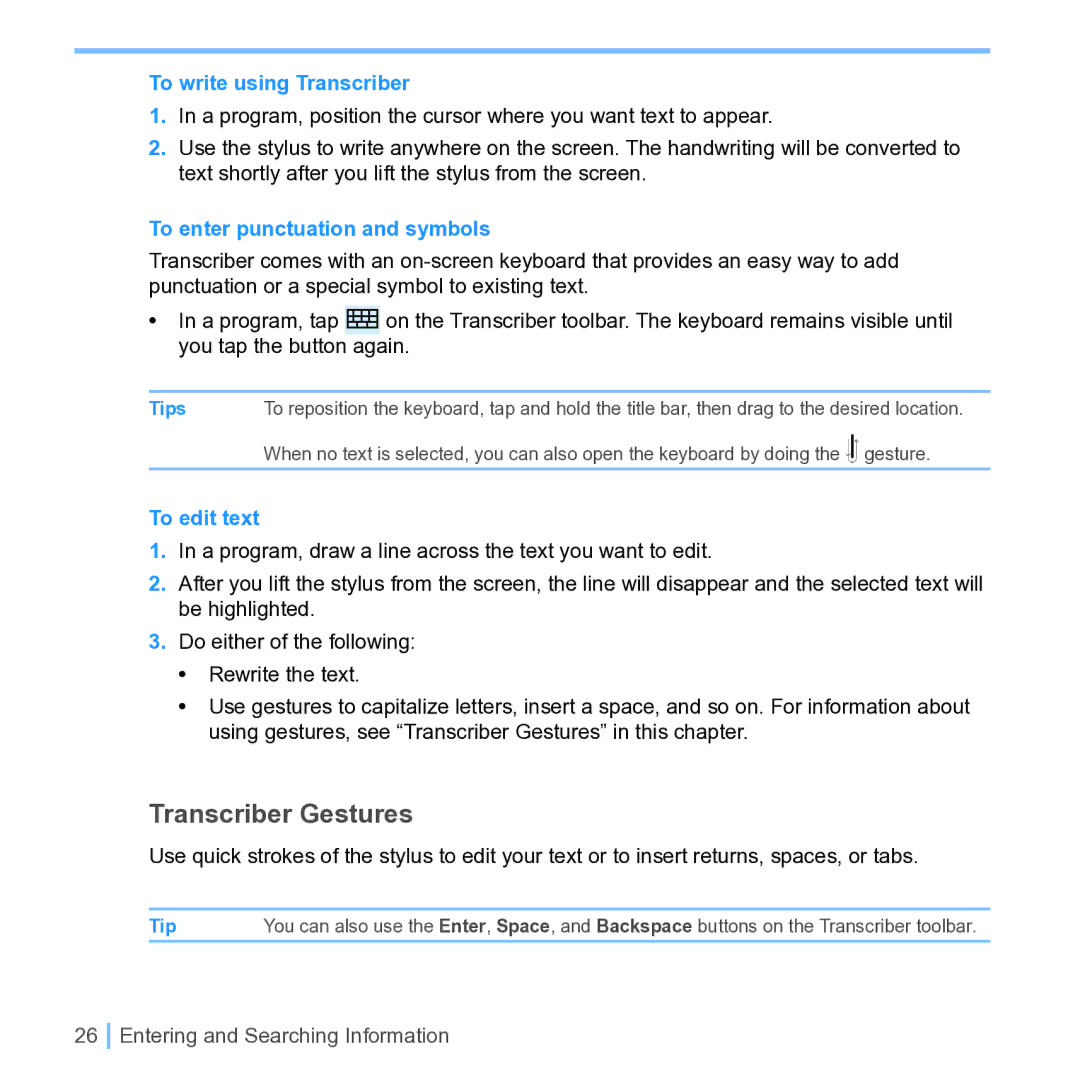 UTStarcom PPC 6700 manual Transcriber Gestures, To write using Transcriber, To enter punctuation and symbols, To edit text 