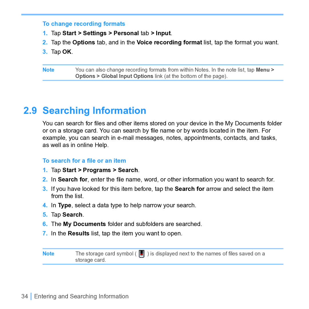 UTStarcom PPC 6700 manual Searching Information, To change recording formats, To search for a ﬁle or an item 