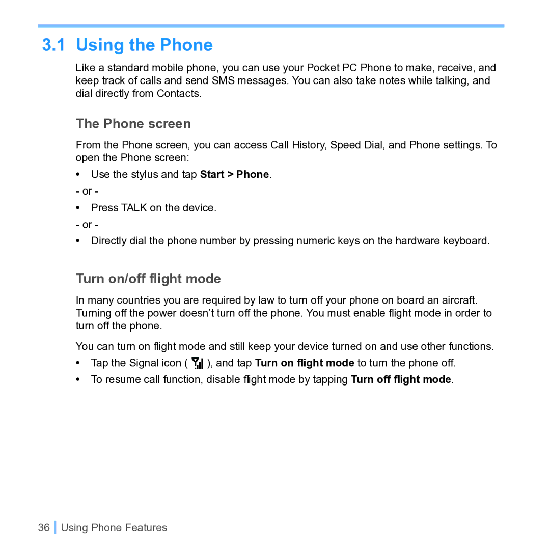 UTStarcom PPC 6700 manual Using the Phone, Phone screen, Turn on/off flight mode 