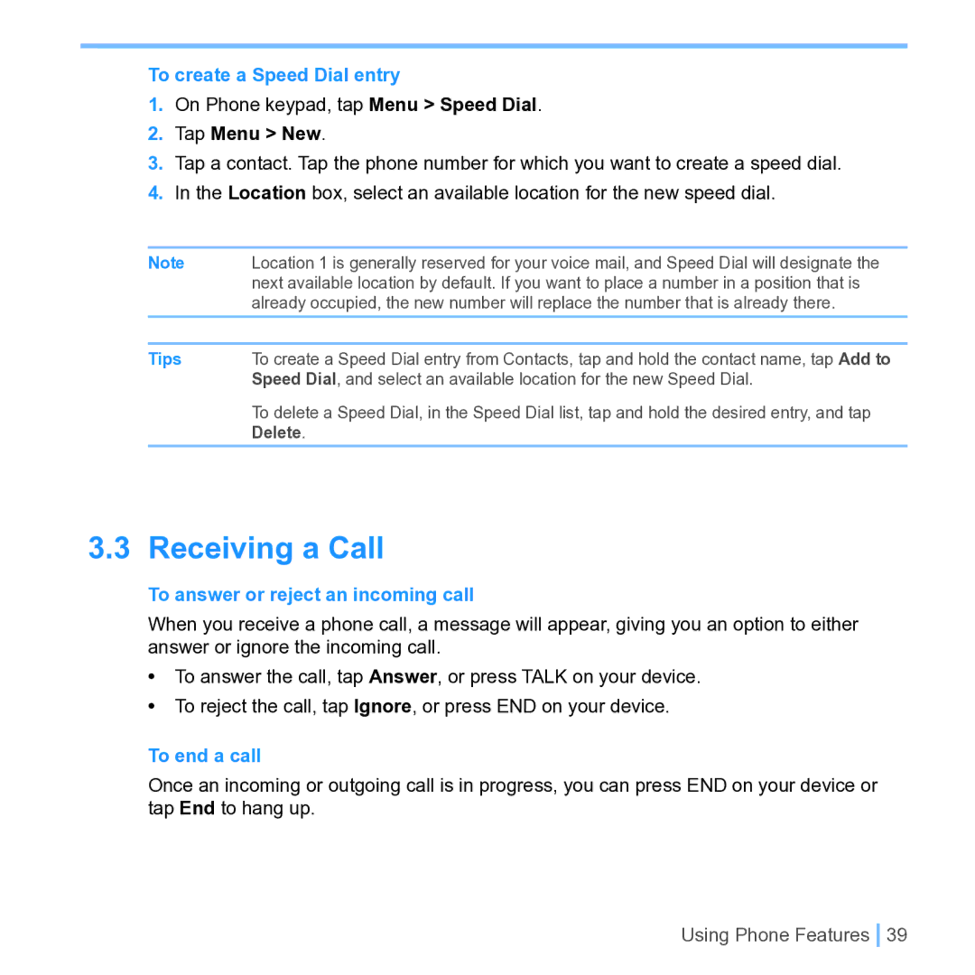 UTStarcom PPC 6700 Receiving a Call, To create a Speed Dial entry, Tap Menu New, To answer or reject an incoming call 