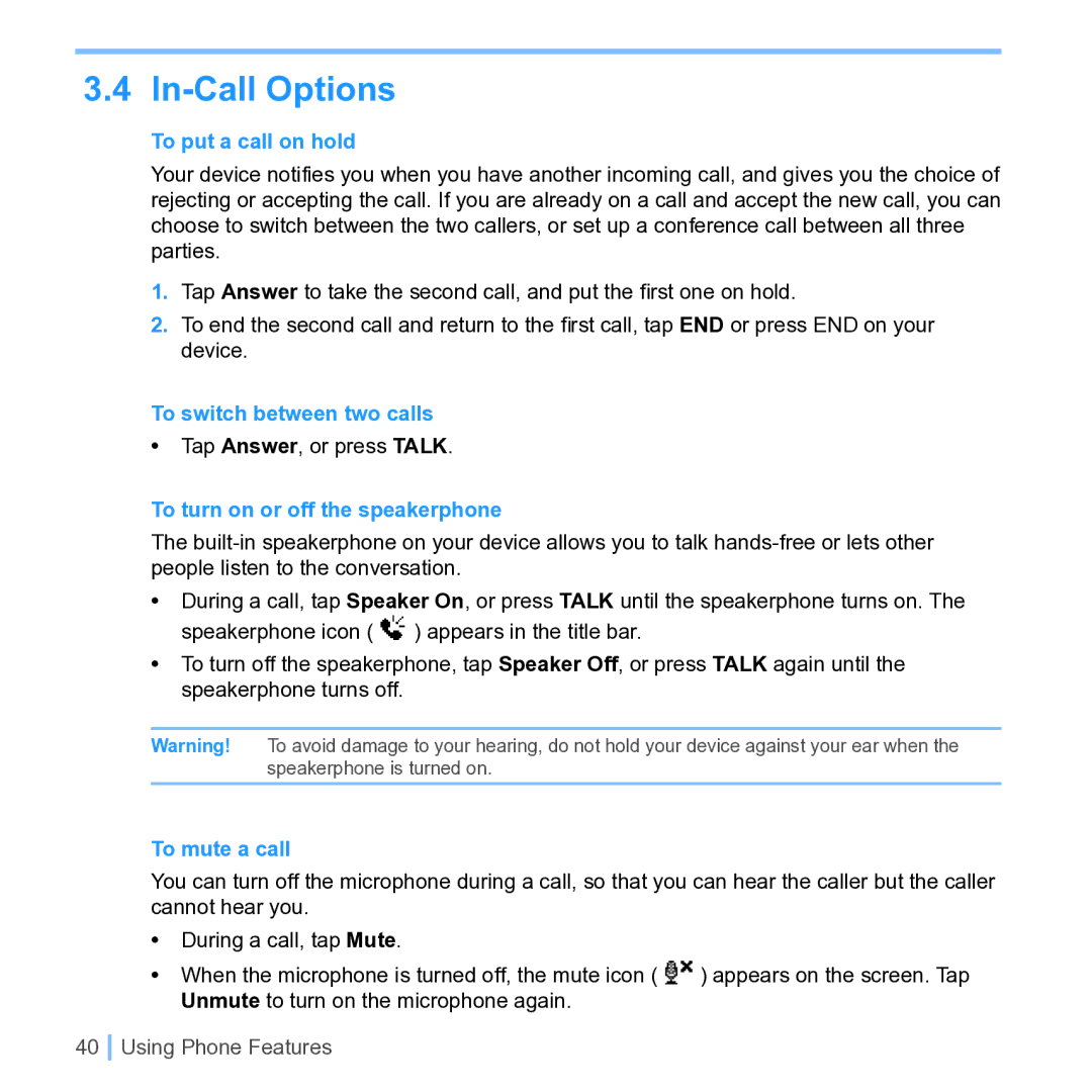 UTStarcom PPC 6700 In-Call Options, To put a call on hold, To switch between two calls, To turn on or off the speakerphone 