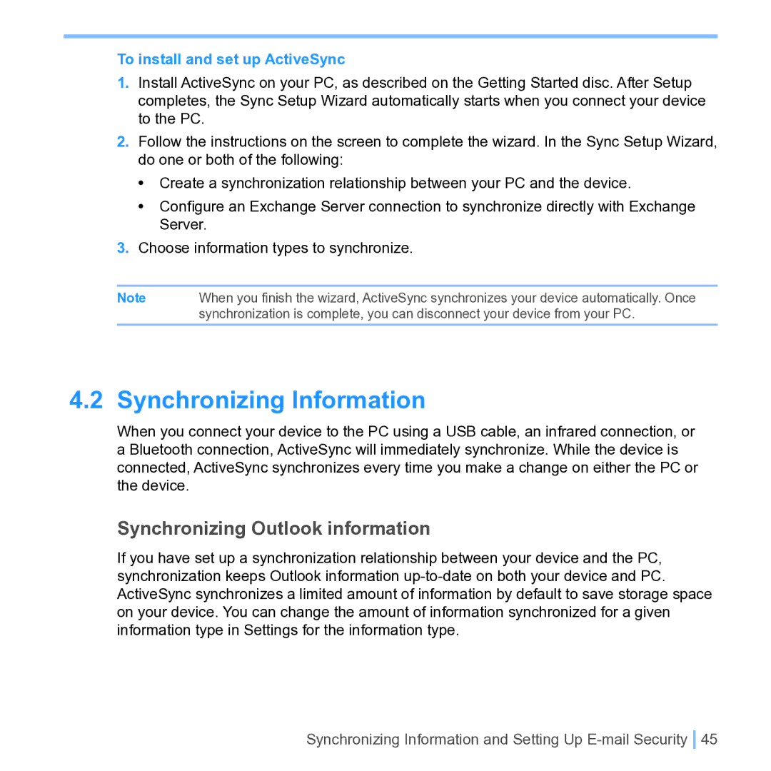 UTStarcom PPC 6700 manual Synchronizing Information, Synchronizing Outlook information, To install and set up ActiveSync 