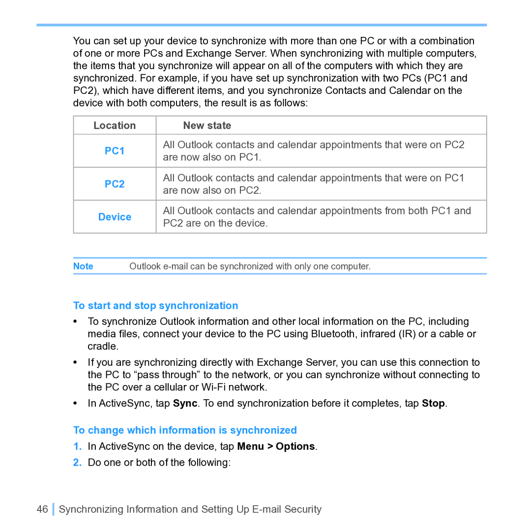 UTStarcom PPC 6700 manual To start and stop synchronization, To change which information is synchronized 