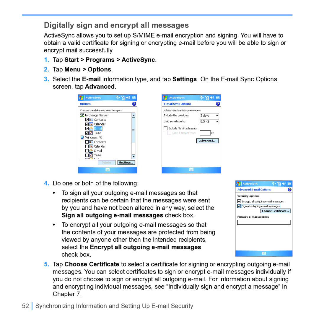 UTStarcom PPC 6700 manual Digitally sign and encrypt all messages, Tap Start Programs ActiveSync Tap Menu Options 