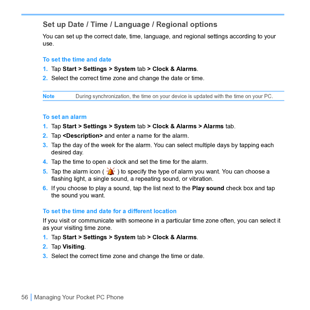 UTStarcom PPC 6700 manual Set up Date / Time / Language / Regional options, To set the time and date, To set an alarm 