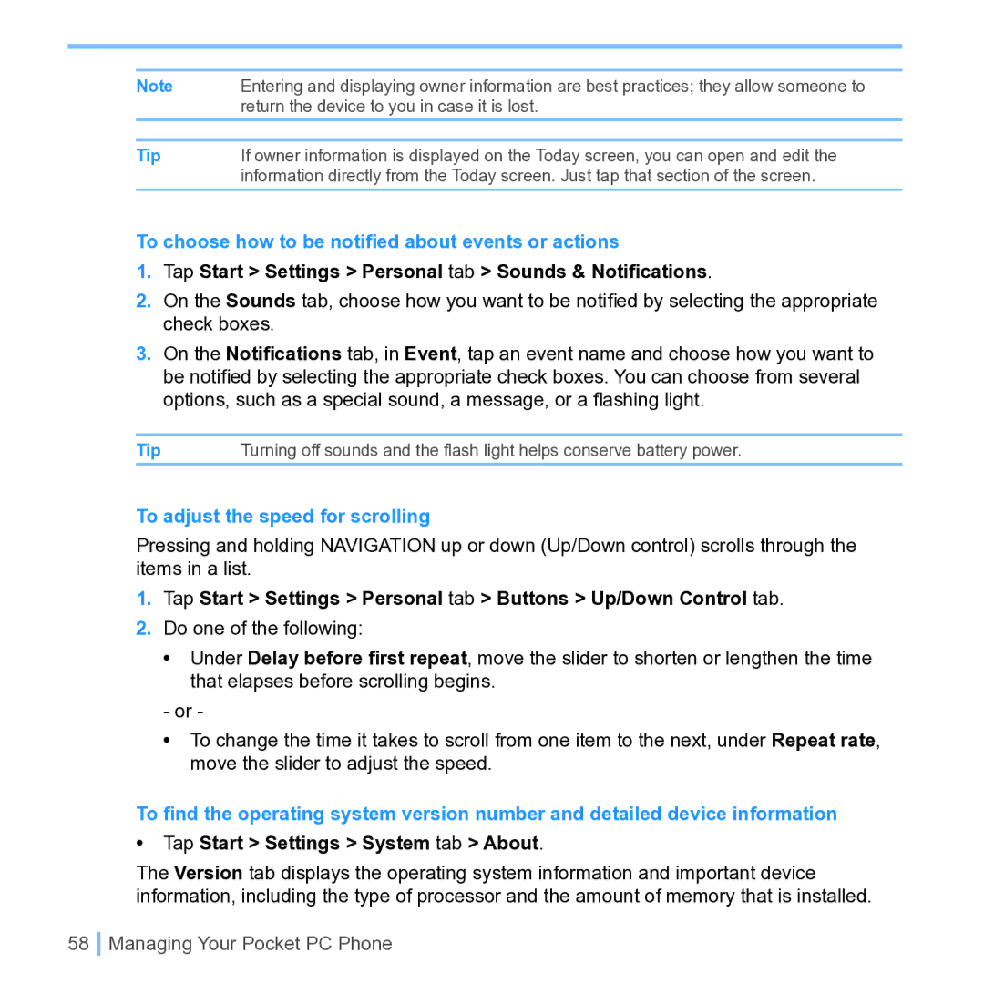 UTStarcom PPC 6700 manual To choose how to be notiﬁed about events or actions, To adjust the speed for scrolling 