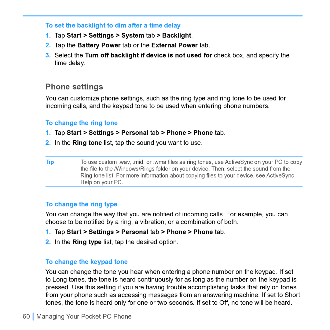UTStarcom PPC 6700 manual Phone settings, To set the backlight to dim after a time delay, To change the ring tone 