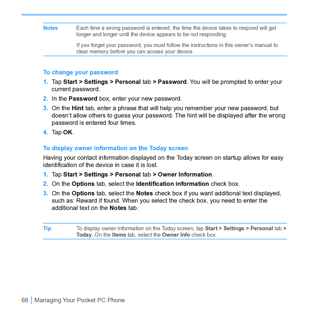 UTStarcom PPC 6700 manual To change your password, To display owner information on the Today screen 