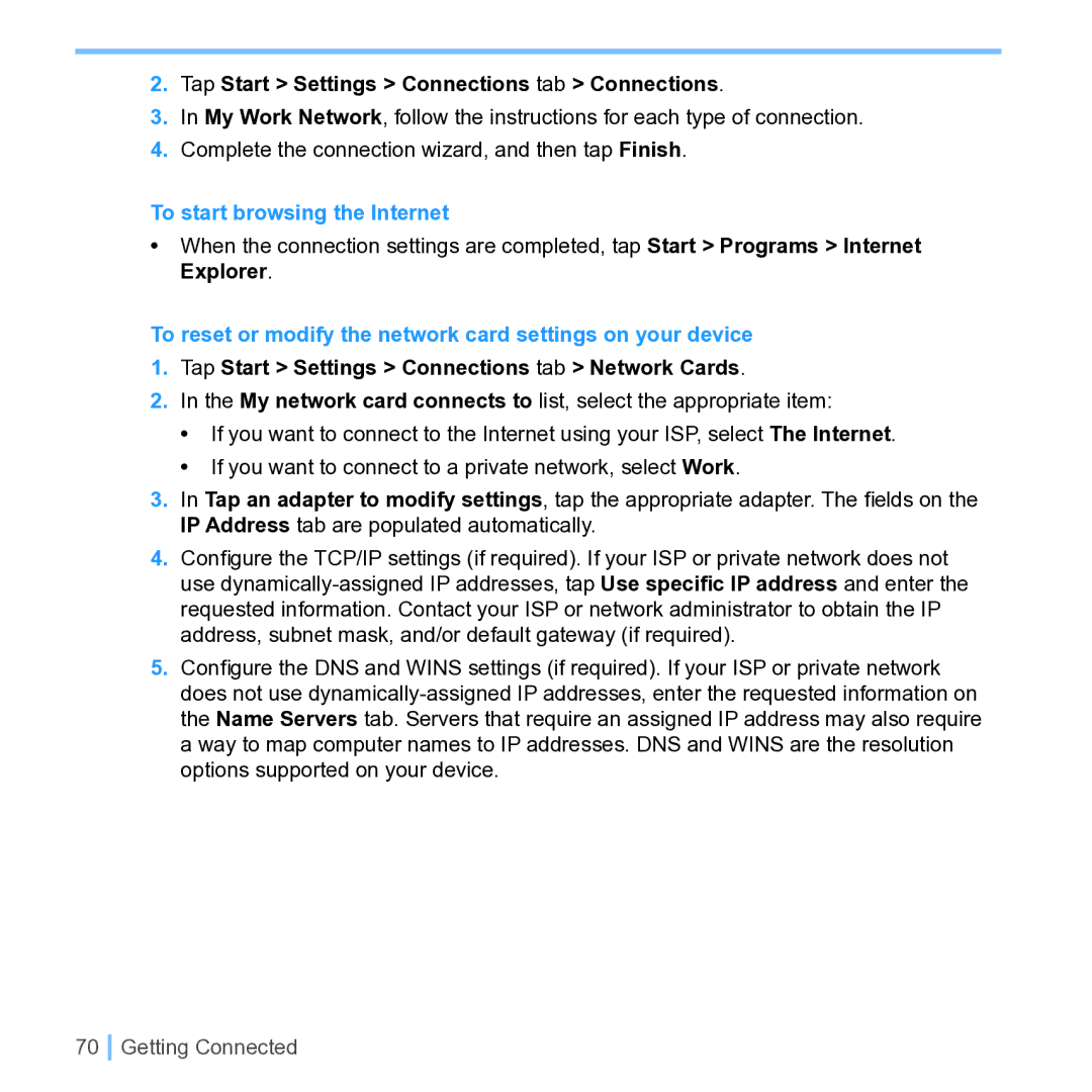 UTStarcom PPC 6700 manual Tap Start Settings Connections tab Connections, To start browsing the Internet 