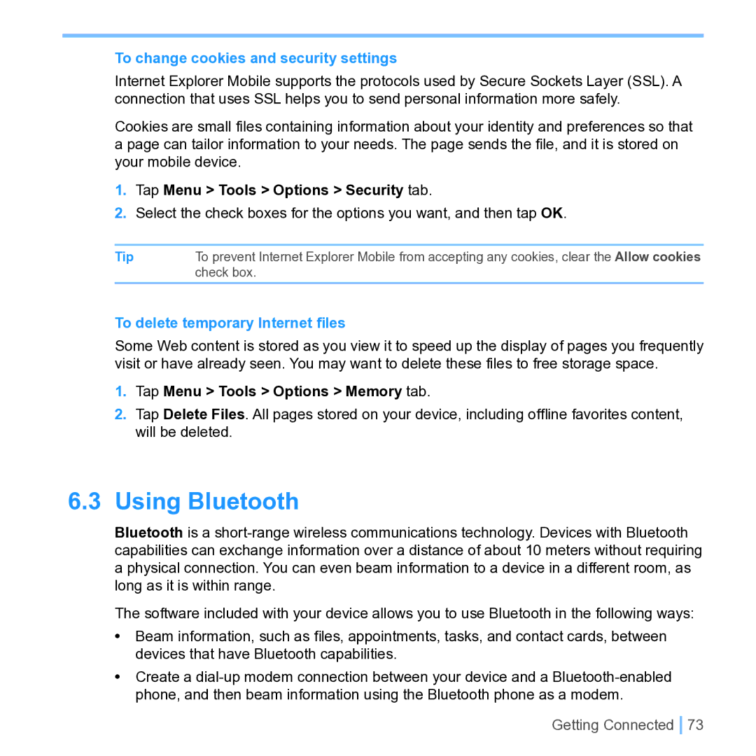 UTStarcom PPC 6700 manual Using Bluetooth, To change cookies and security settings, Tap Menu Tools Options Security tab 