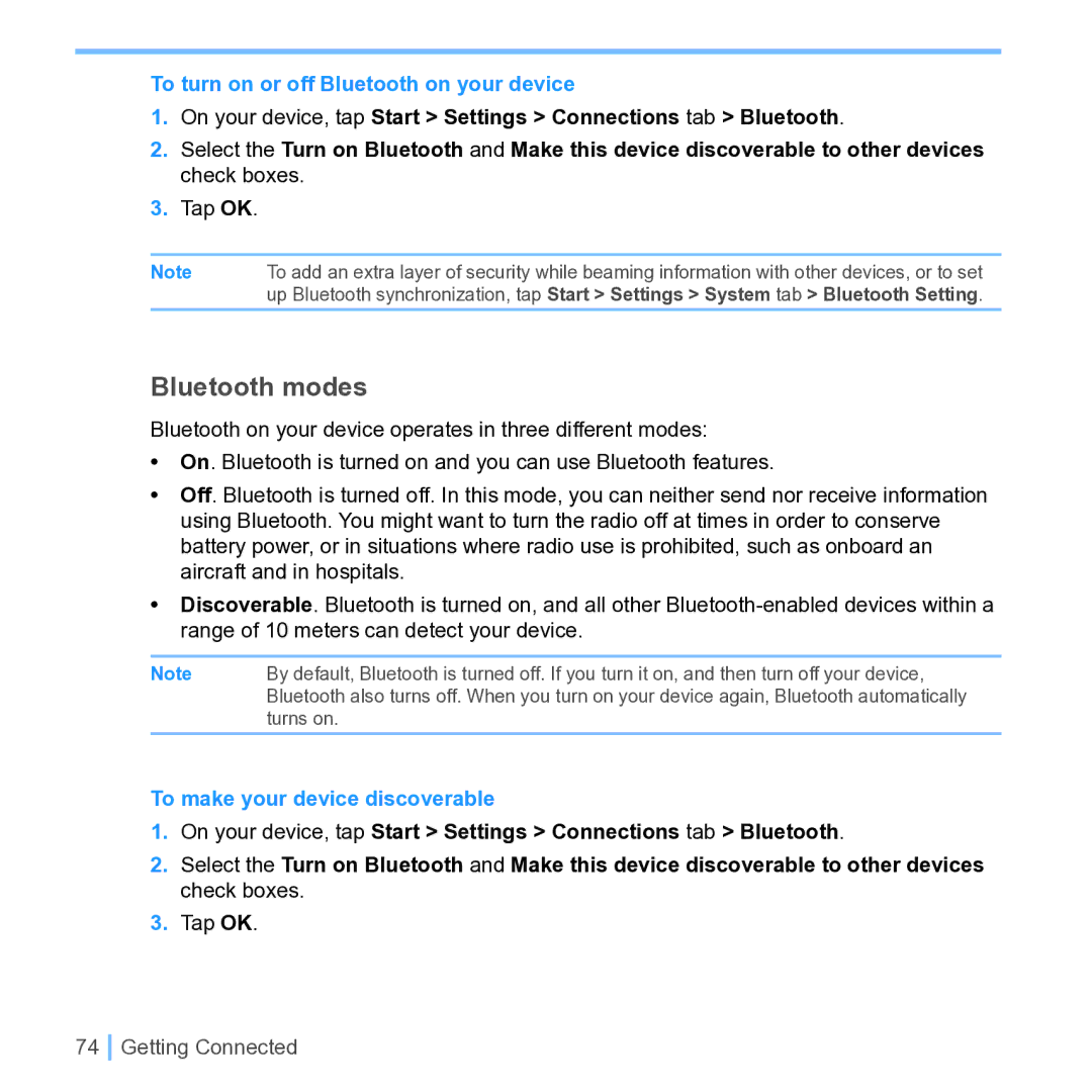 UTStarcom PPC 6700 manual Bluetooth modes, To turn on or off Bluetooth on your device, To make your device discoverable 