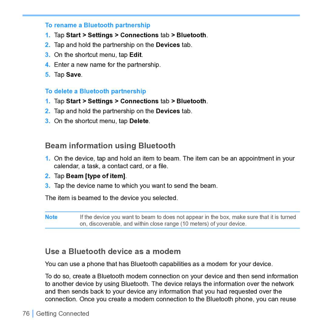 UTStarcom PPC 6700 Beam information using Bluetooth, Use a Bluetooth device as a modem, To rename a Bluetooth partnership 