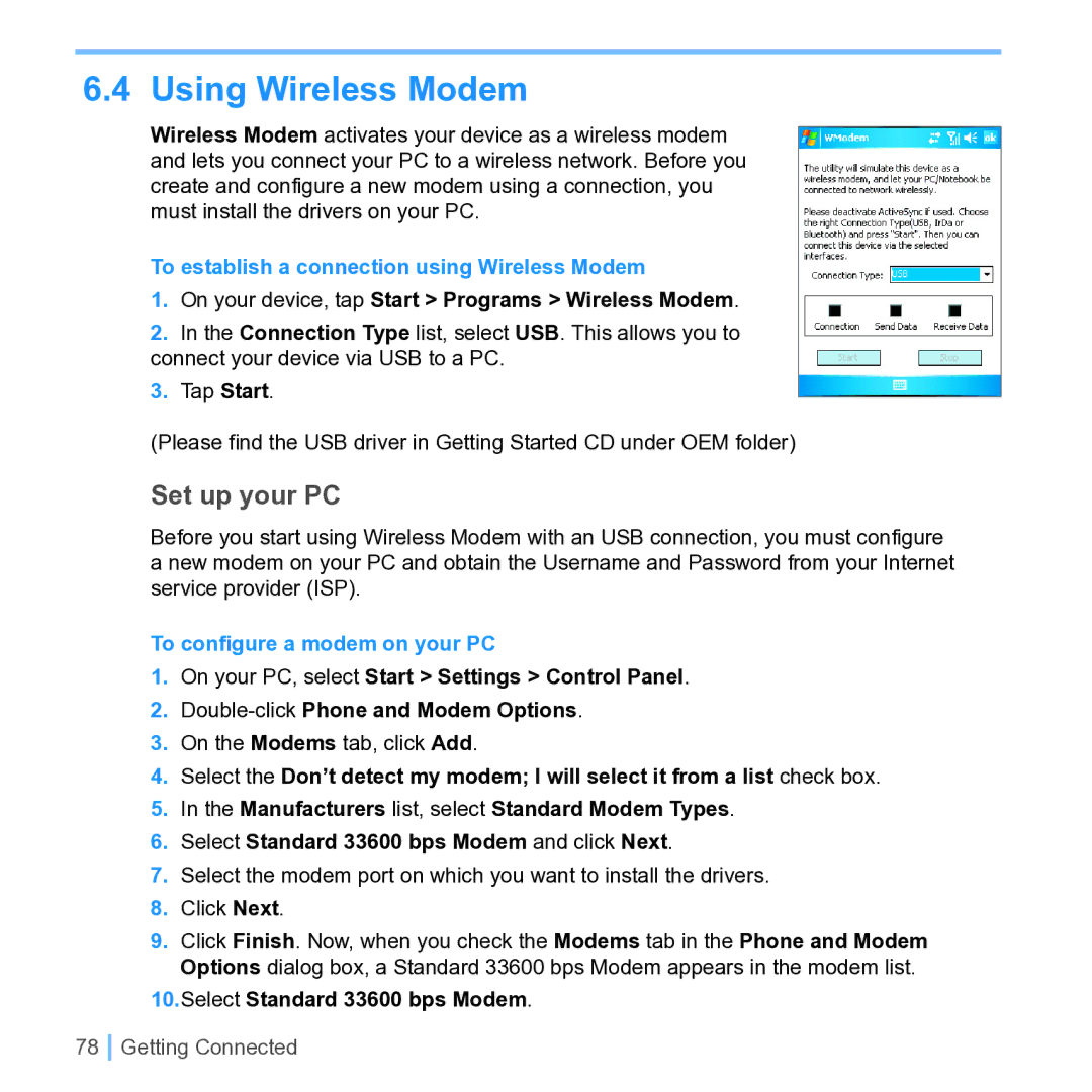 UTStarcom PPC 6700 manual Using Wireless Modem, Set up your PC, To establish a connection using Wireless Modem 