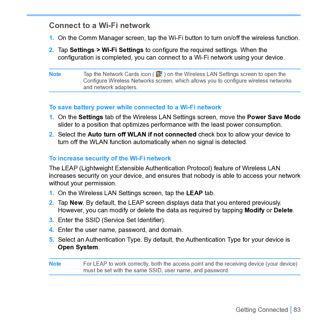 UTStarcom PPC 6700 manual Connect to a Wi-Fi network, To save battery power while connected to a Wi-Fi network 